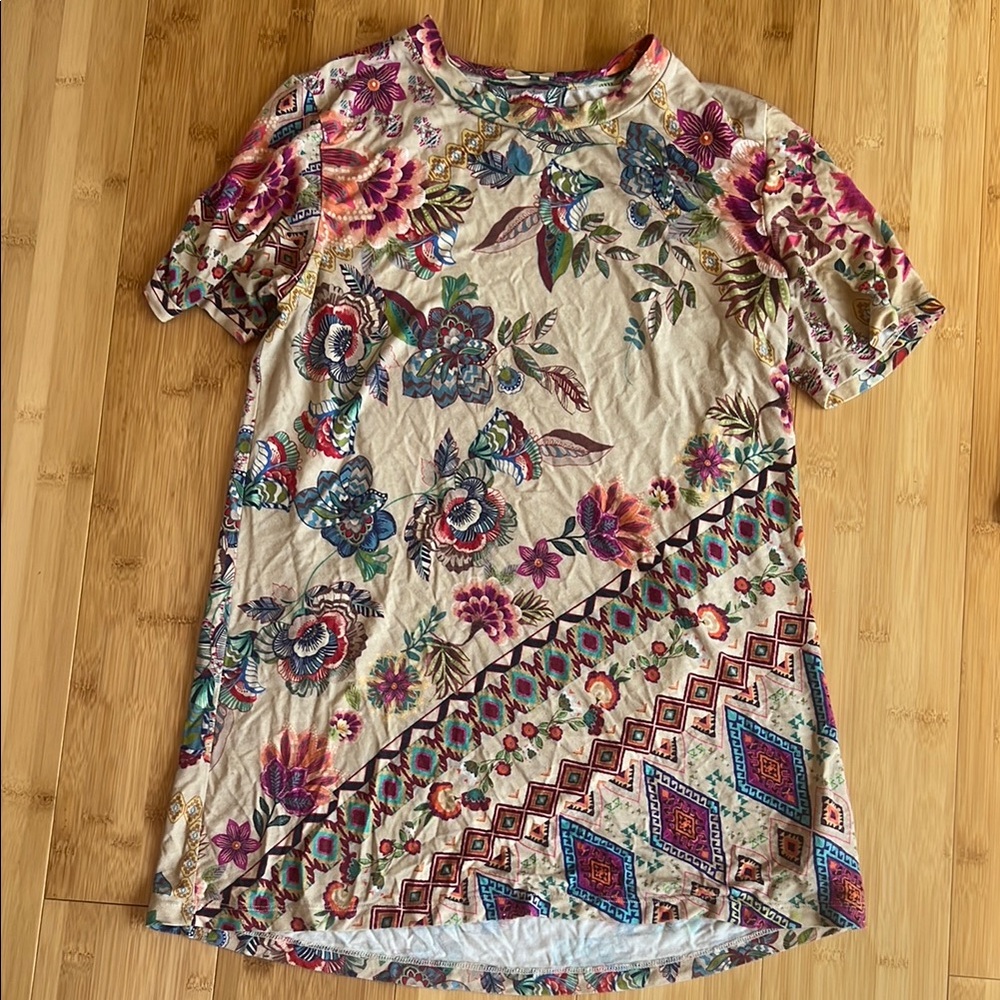 Johnny Was Cream and Pink Flutter Sleeve Blouse